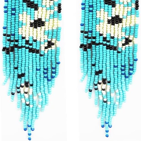 Long 5.5" Japanese White Blue Sakura Blossom Handmade Flower Oversized Earrings - Picture 4 of 6